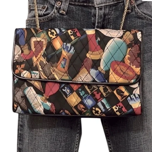Vintage Nicole Miller Quilted Multi Jewel Tone Satin Absolut Chain Crossbody Bag